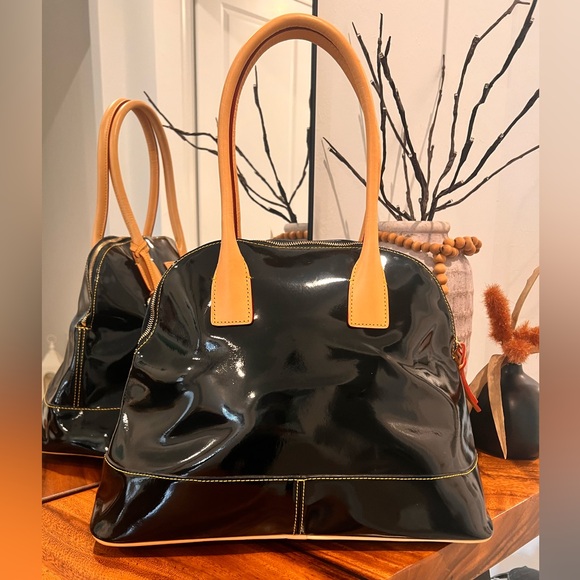 Dooney & Bourke Domed Satchel Black Patent Leather Tan Leather Trim NWOT - Picture 3 of 17